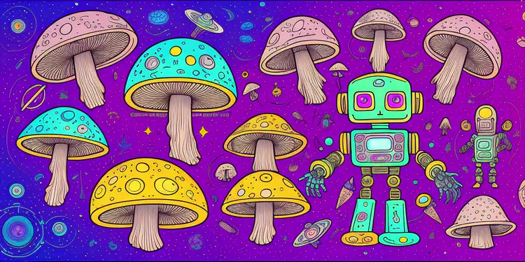 00131-384564278-robot dreaming about a psychedelic world  with mushrooms, mandala, animales, spaceships, and sex.png